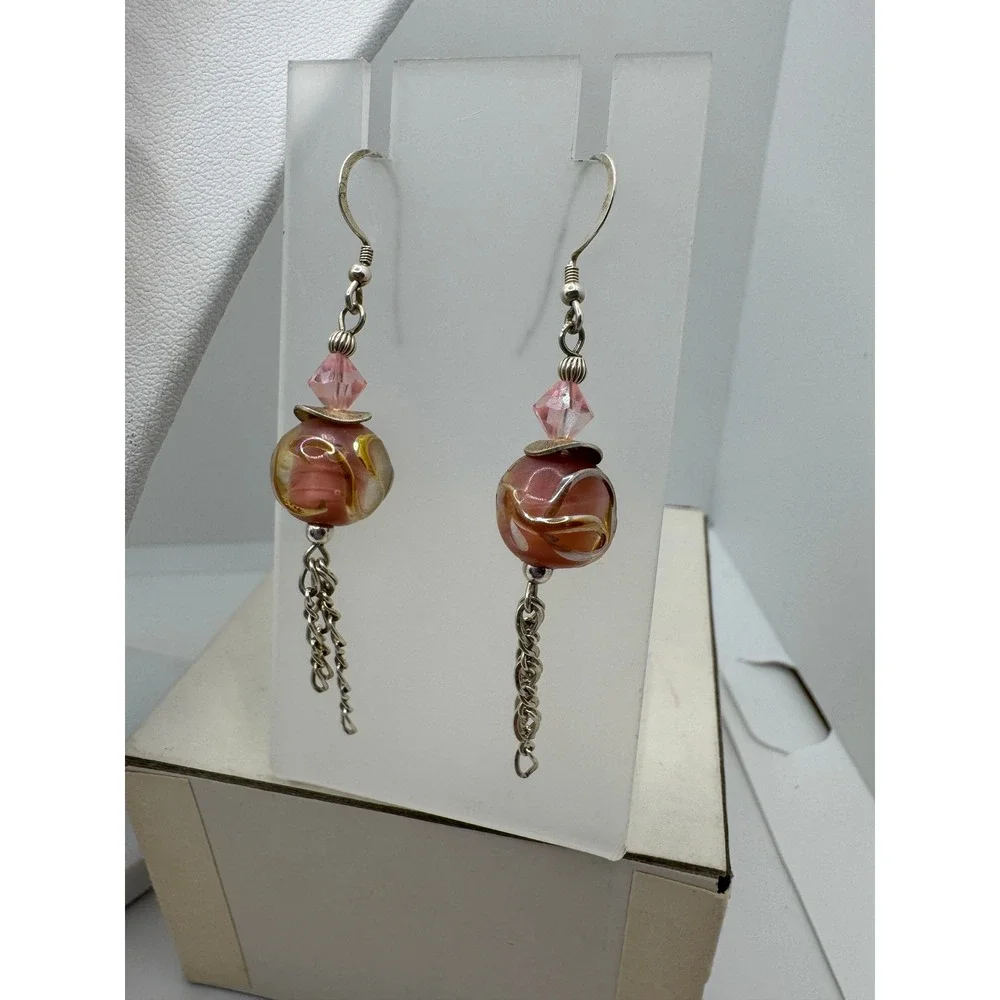 Pink Peach Beaded Statement Necklace & Lampwork Dangle Earring Set 16